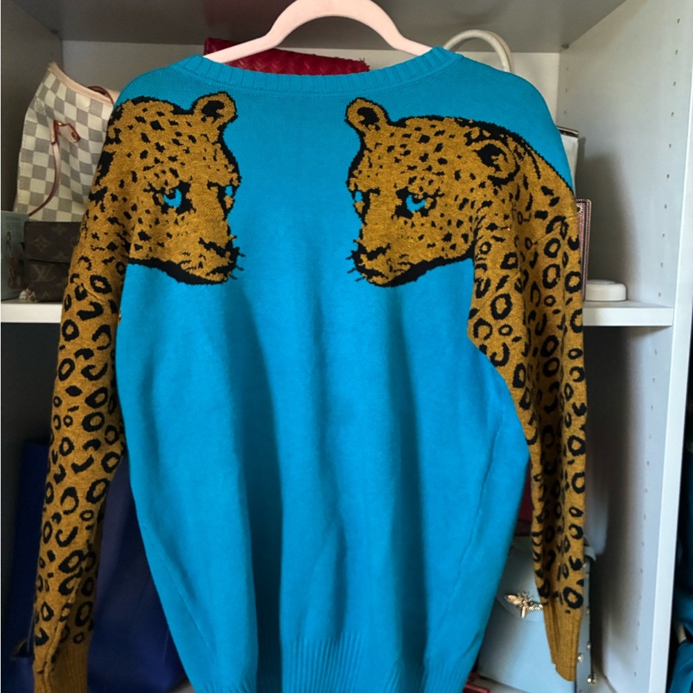 Vibrant Blue Leopard Print Sweater
